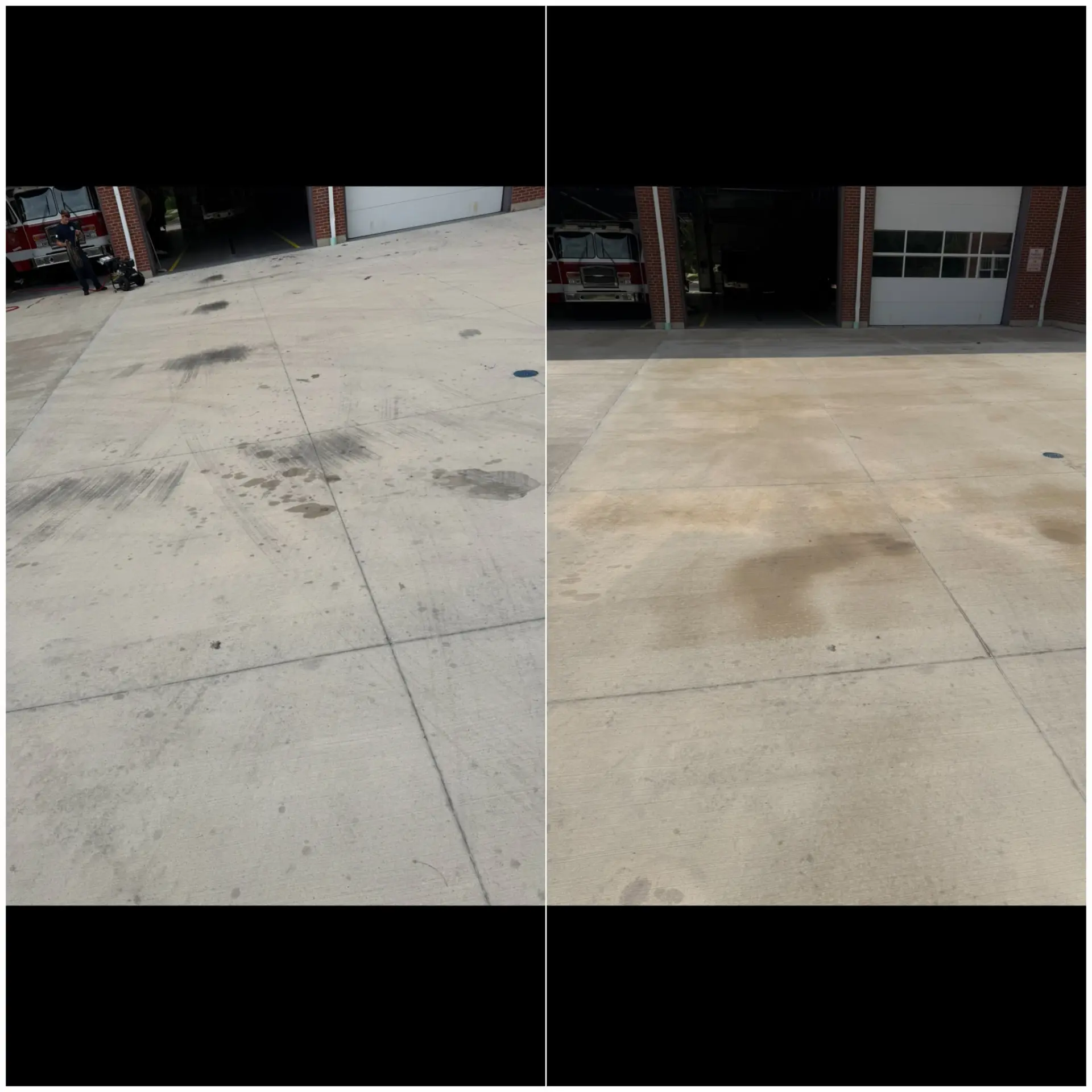 Fire station apron before and after cleaning