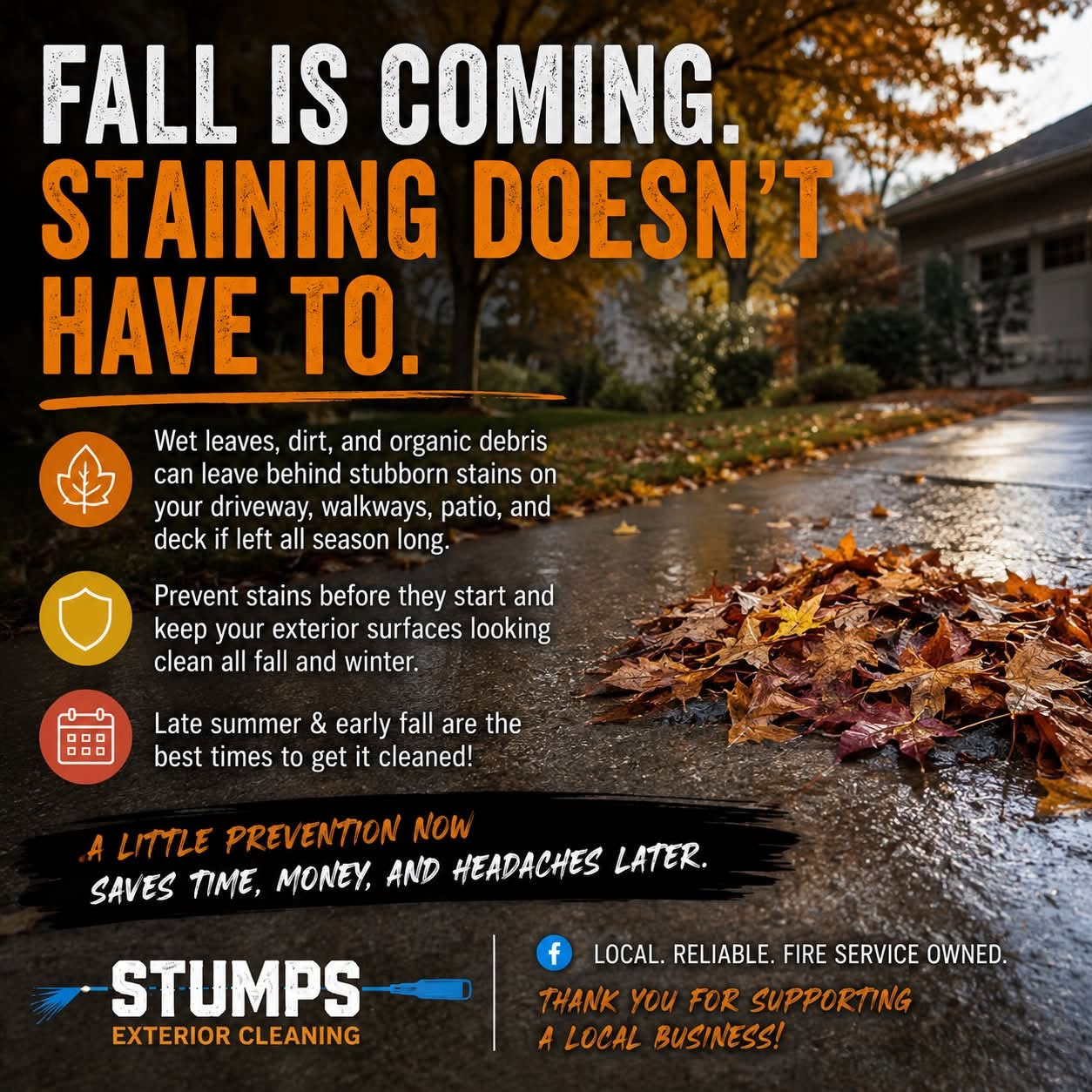 Professional autumn exterior cleaning - leaves on a wet driveway highlighting the need for seasonal maintenance