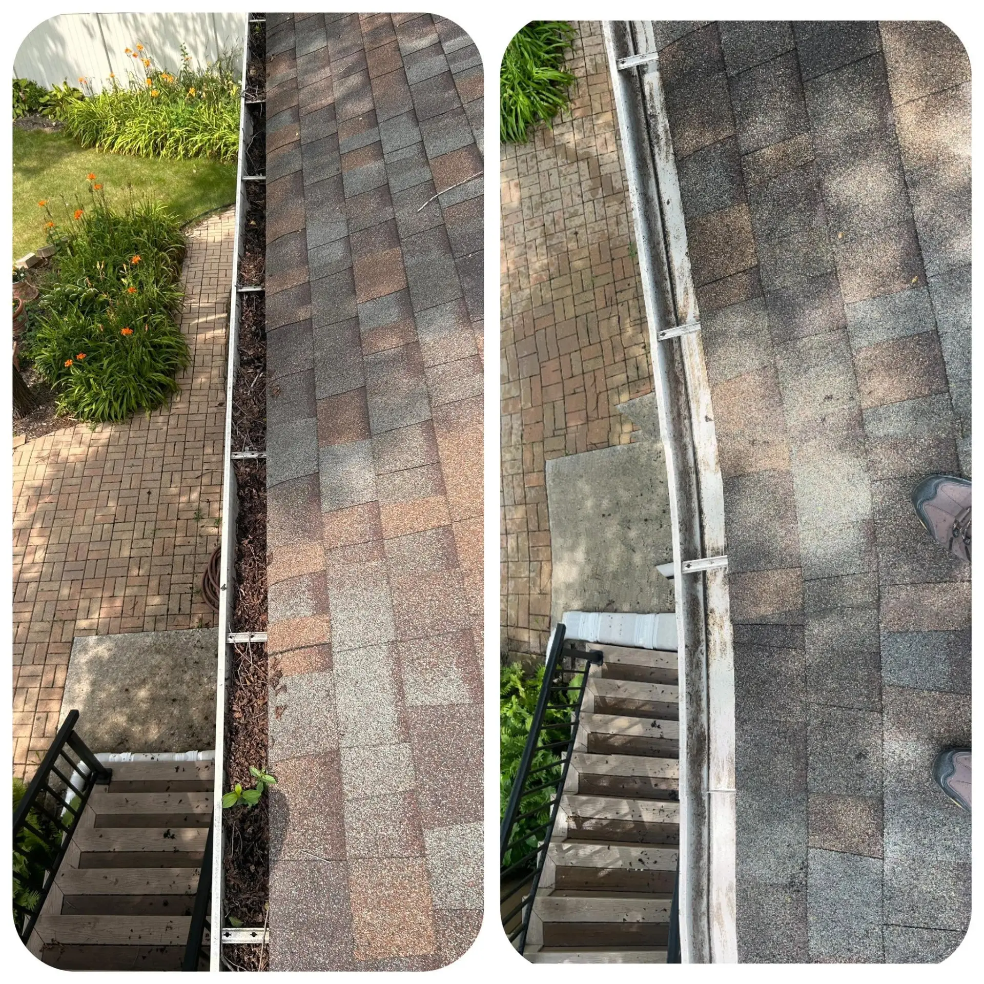 Gutter clearing before and after